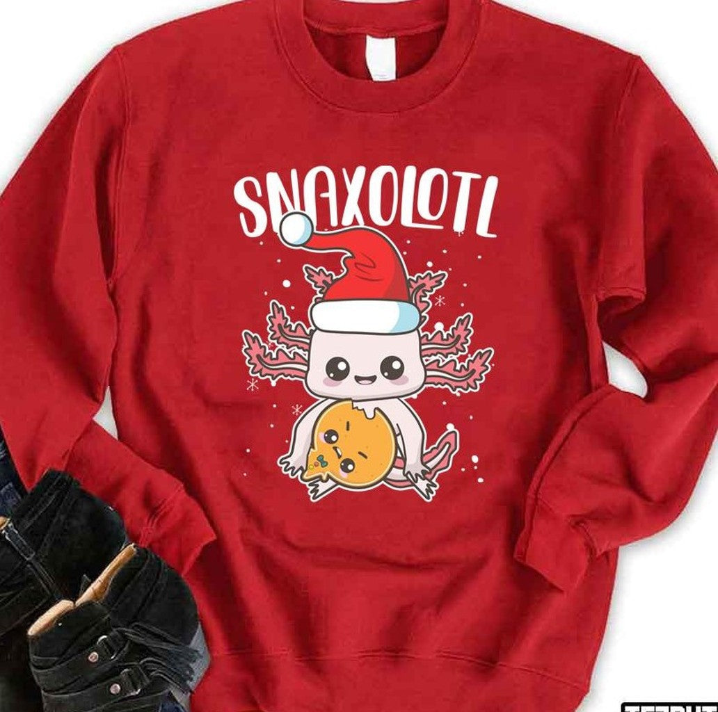 Snaxolotl Christmas Axolotl Eating A Gingerbread Cute Chibi Kawaii Christmas Unisex Sweatshirt