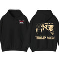 Trummp Won Hoodie - Trendy with Bold Distressed Graphic of Trummp and American Flag, Unisex Political Apparel for Supporters