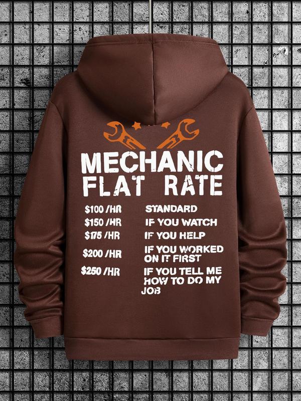 Men's Mechanic Flat Rate Hoodie with Letter Print, Casual Regular Fit Long Sleeve Sweatshirt, Men's Spring & Fall Everyday FashionÂ 
