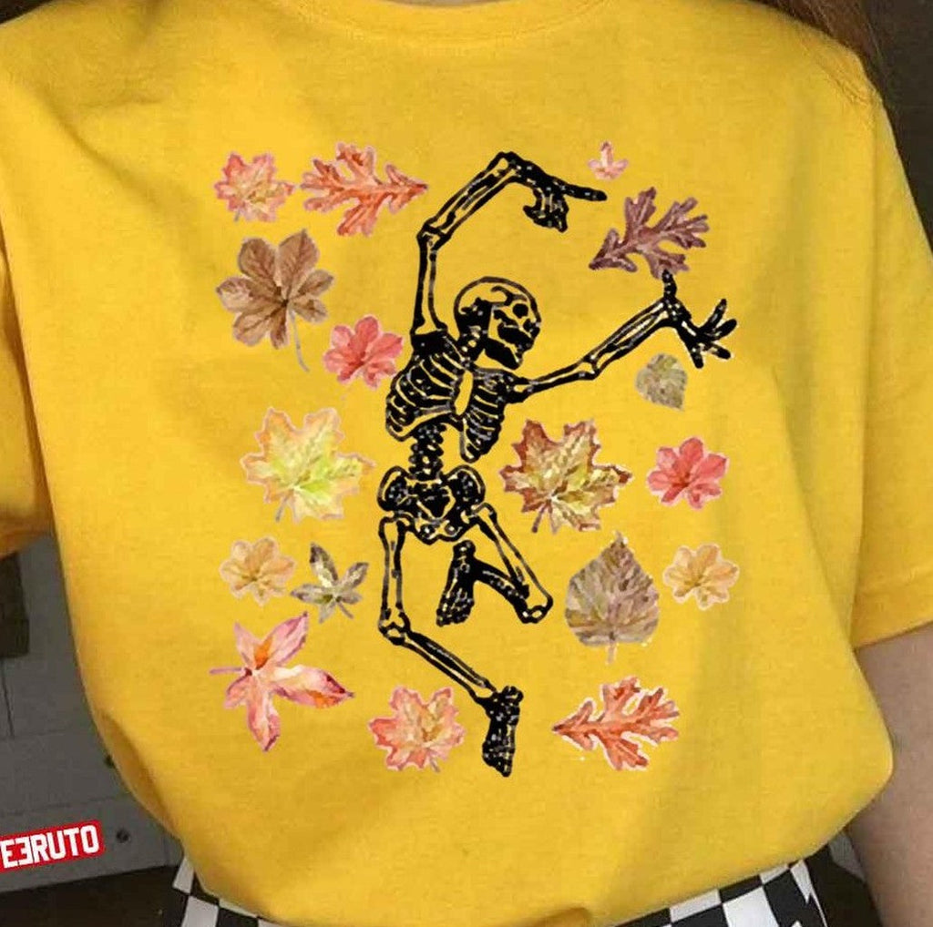 Skeleton Dancing With Autumn Leaves Autumn Lover Fall Vibes Fall Skeleton Unisex T-Shirt