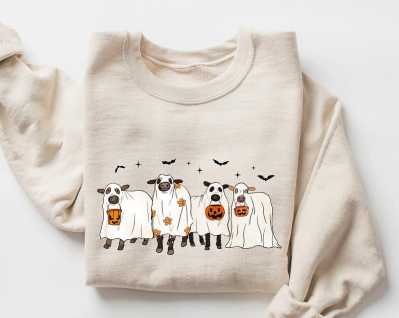 Ghost Cows Halloween Crewneck - Sweatshirt - Hoodie, Gildan Sweatshirt, Full Color, For Men, For Women, Casual, Classic Fashion, Full Sizes, Tee Print