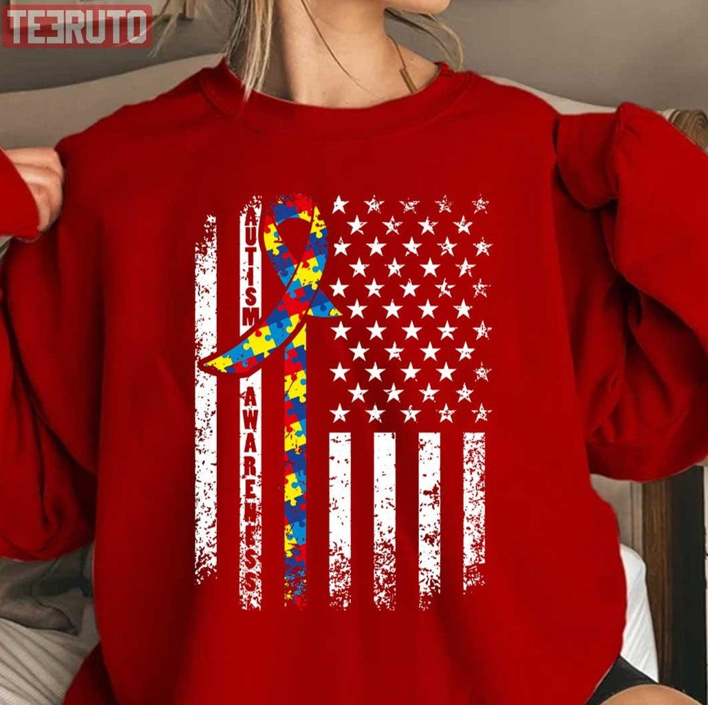 Autism Awareness Distressed American Flag Cute Puzzle Ribbon Unisex Sweatshirt