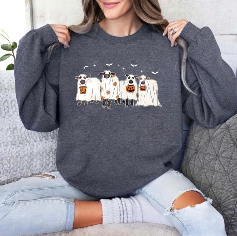 Ghost Cows Halloween Crewneck - Sweatshirt - Hoodie, Gildan Sweatshirt, Full Color, For Men, For Women, Casual, Classic Fashion, Full Sizes, Tee Print