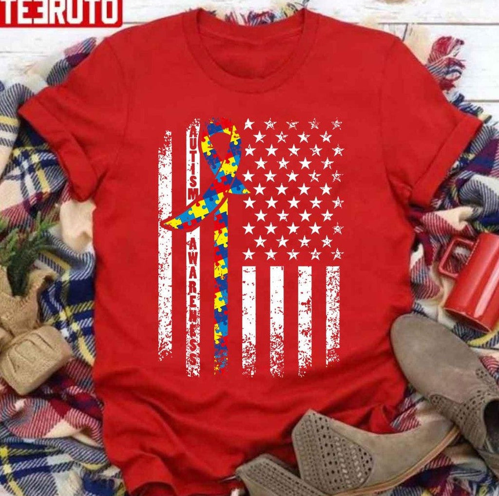 Autism Awareness Distressed American Flag Cute Puzzle Ribbon Unisex Sweatshirt