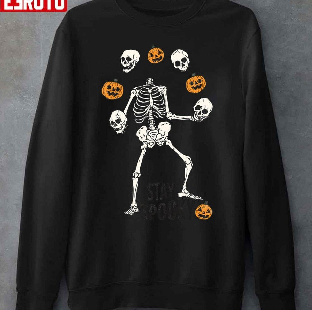 Play With Me Stay Spooky Juggling Skeleton Pumpkins And Skeleton Halloween Unisex Sweatshirt