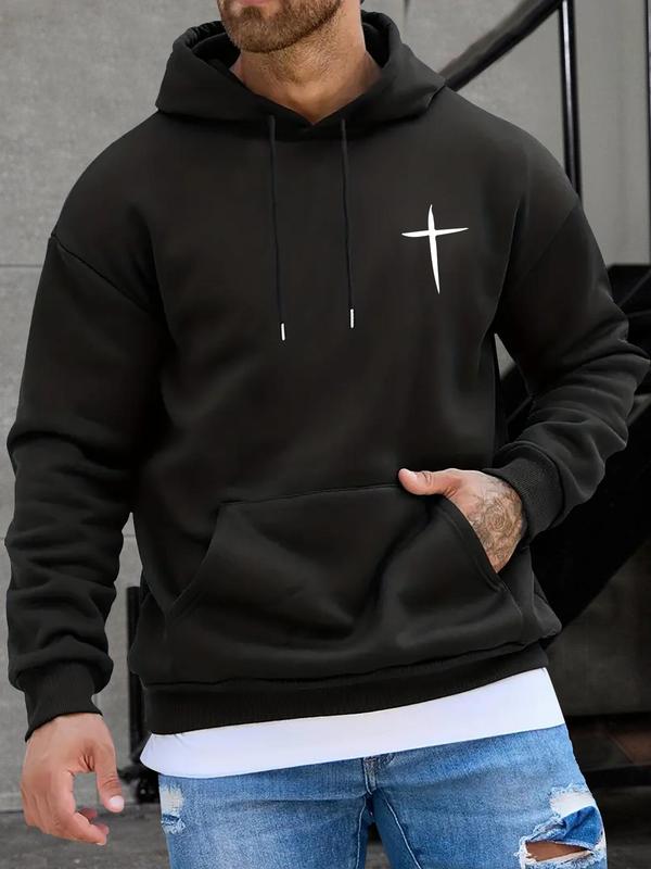 Men's Cross Print Hoodie, Casual Regular Fit Kangaroo Pocket Sweatshirt for Fall & Winter, Men's Daily Wear ClothingÂ 