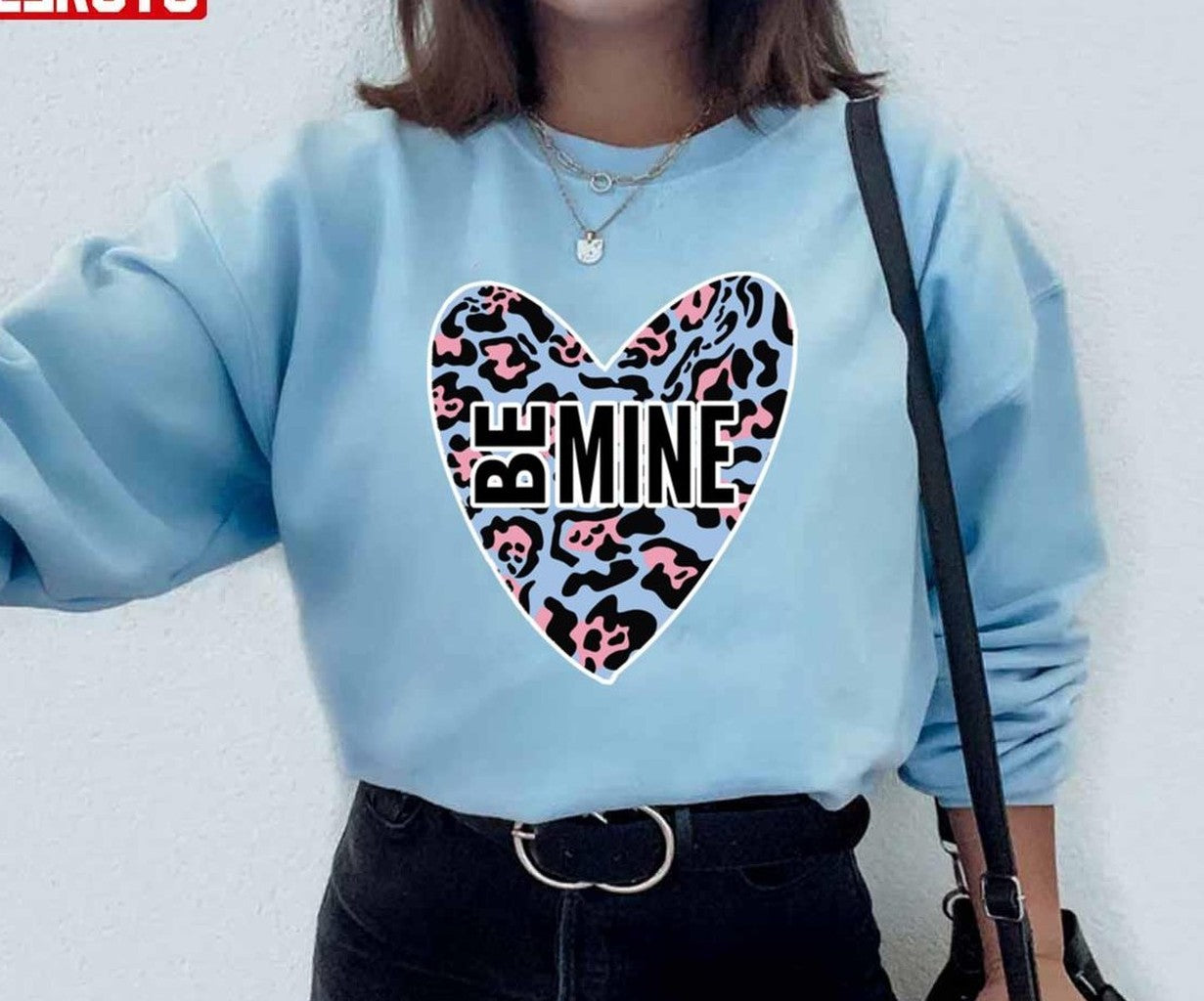 Be Mine Valentines Day Pale Blue Pink Leopard Heart Unisex Sweatshirt