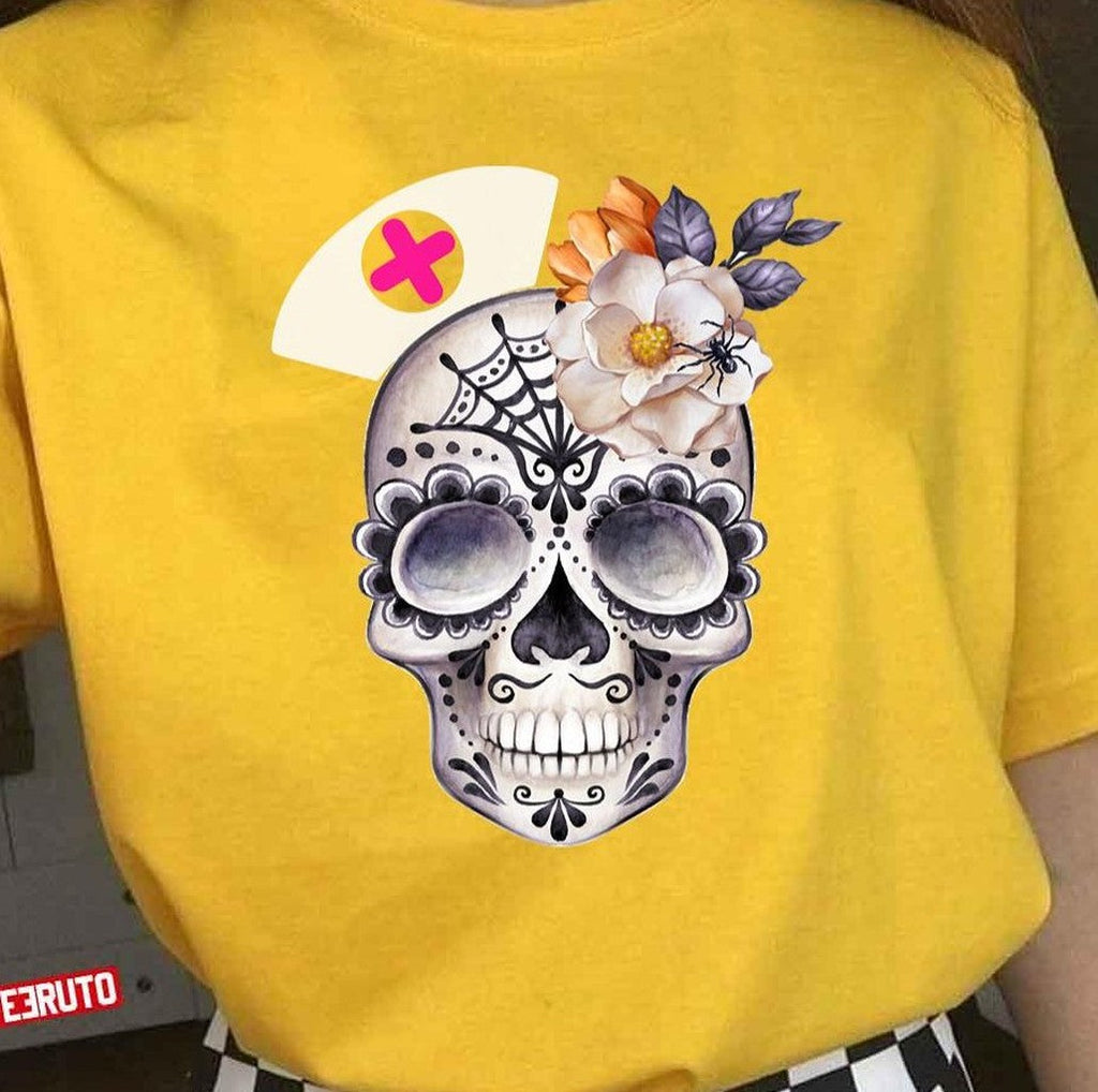 Nurse Sugar Skull Stethoscope RN Medical Halloween Costume Unisex T-Shirt