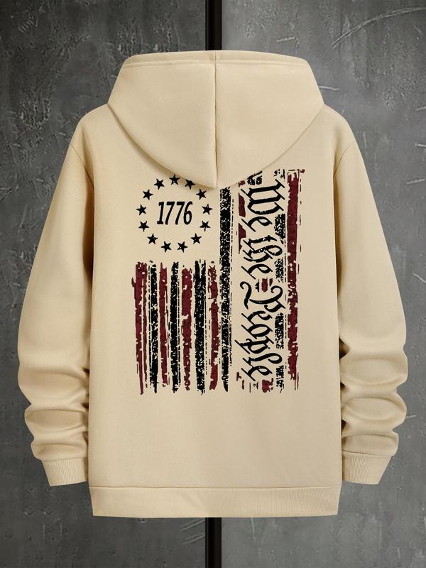Men's Letter & Flag Print Thermal Hoodie, Drawstring Sweatshirt Casual for Fall & Winter, Regular Fit Men's OuterwearÂ 
