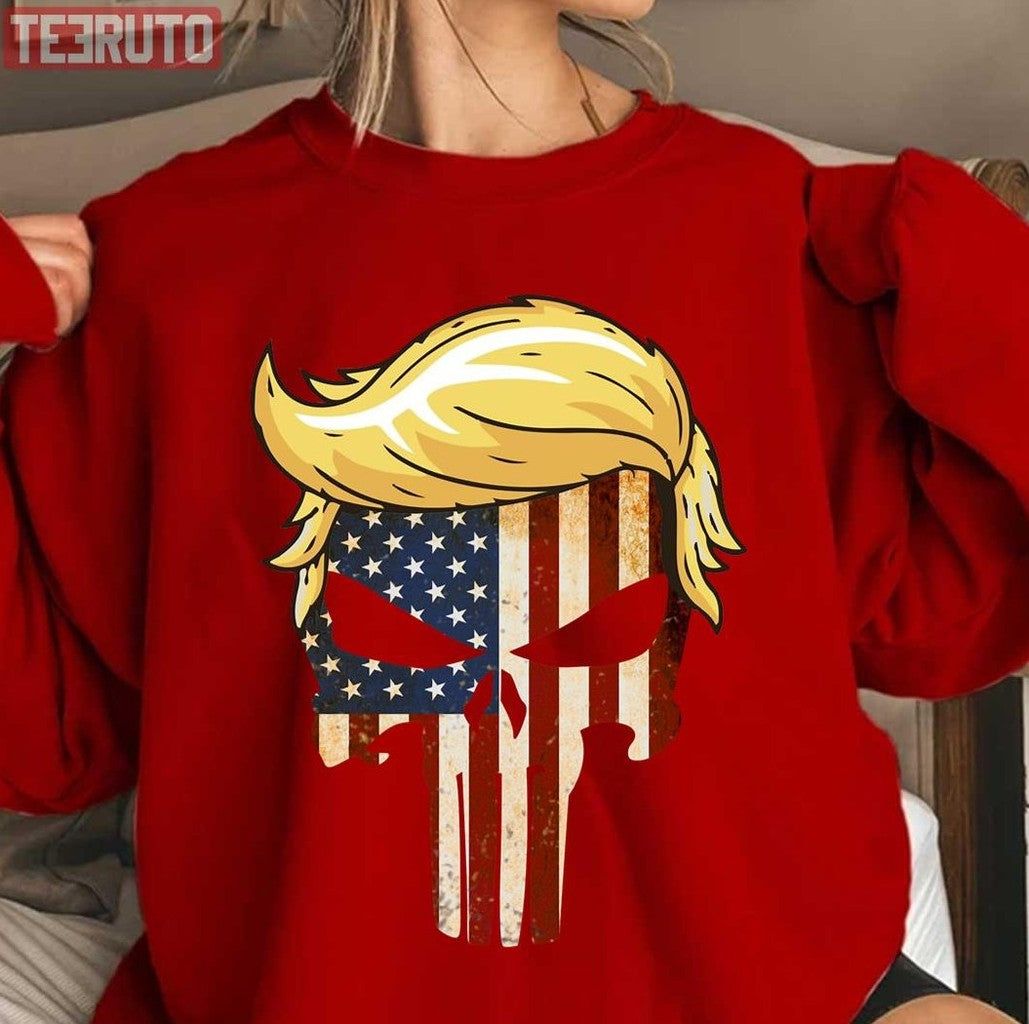 Skull With Iconic Trump Hair America Flag Unisex T-Shirt