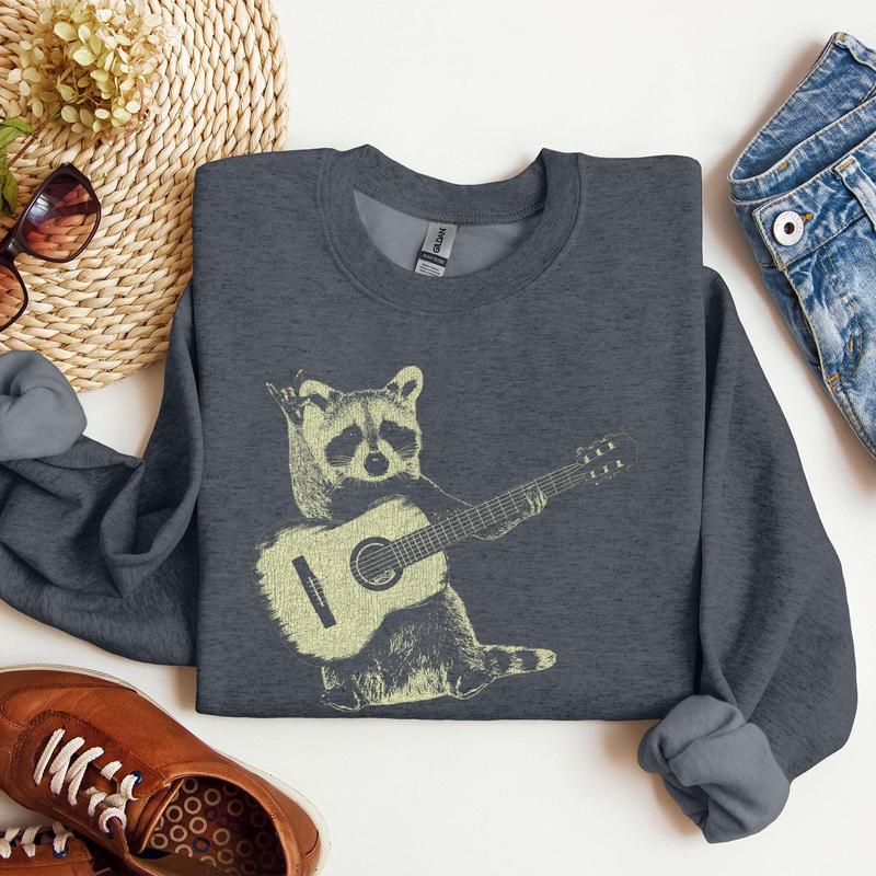 Raccoon Playing A Guitar, Funny Animals Sweatshirt Casual Comfort Womenswear ComfortableÂ Graphic