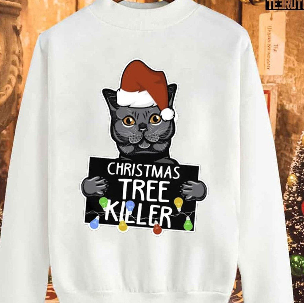 Santa Black Cat Christmas Tree Killer Mugshot Unisex Sweatshirt