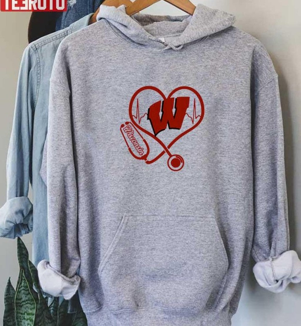 Nurse Love Wisconsin Badgers Heartbeat Unisex Hoodie