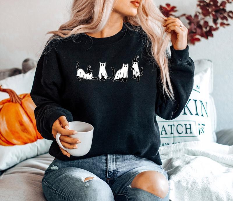 Ghost Cat Halloween Sweatshirt, Halloween Black Cat Sweater, Black Cat Halloween Sweater, Ghost Sweater, Cat Lover Gift, Halloween Fall Sweatshirt Cla