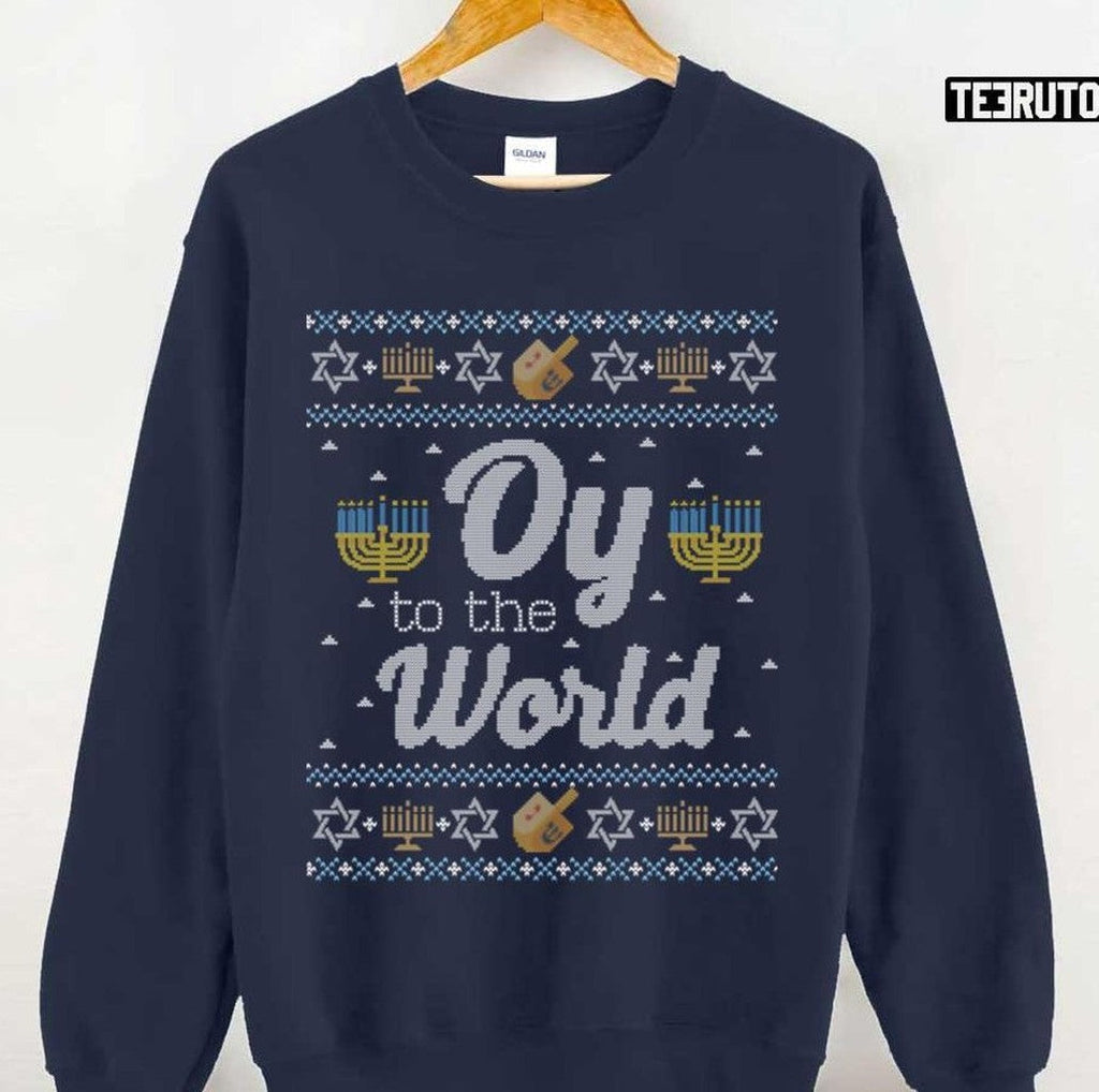 Oy To The World Funny Jewish Ugly Hanukkah Sweater Pattern Unisex Sweatshirt