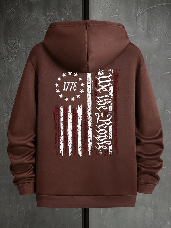 Men's Letter & Flag Print Thermal Hoodie, Drawstring Sweatshirt Casual for Fall & Winter, Regular Fit Men's OuterwearÂ 