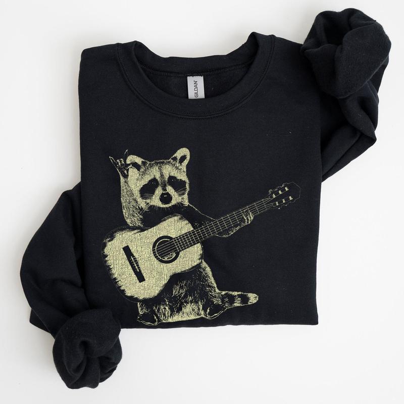 Raccoon Playing A Guitar, Funny Animals Sweatshirt Casual Comfort Womenswear ComfortableÂ Graphic