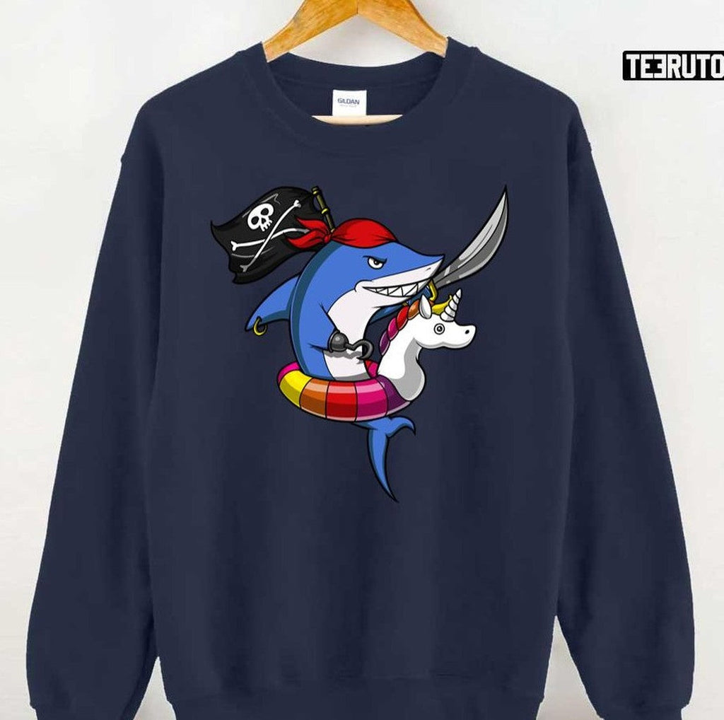Shark Pirate Riding Unicorn Float Unisex T-Shirt