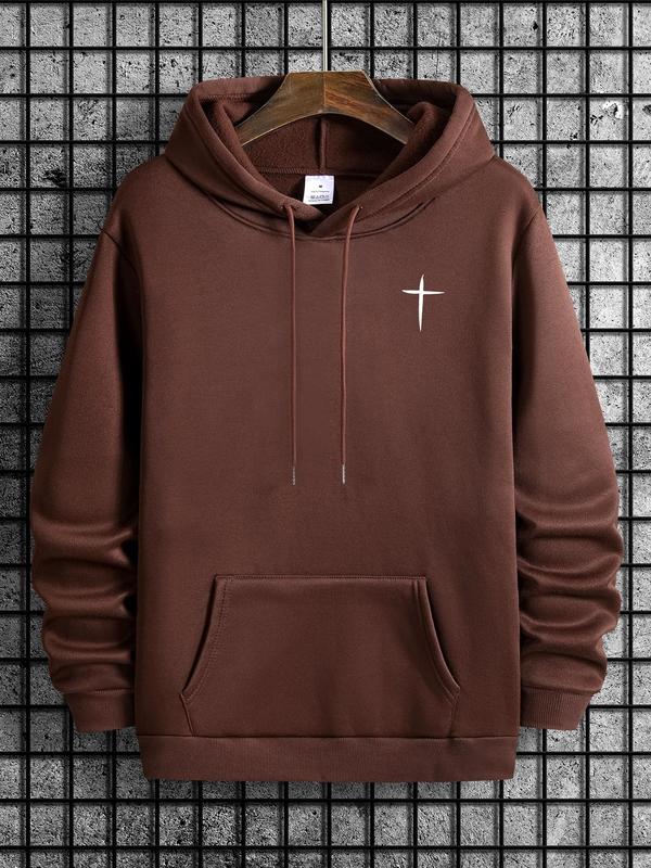 Cross Print Men's Hoodie with Drawstring Pocket, Regular Fit Long Sleeve Sweatshirt, Casual Men's Fashion for Spring & Fall Daily WearÂ 