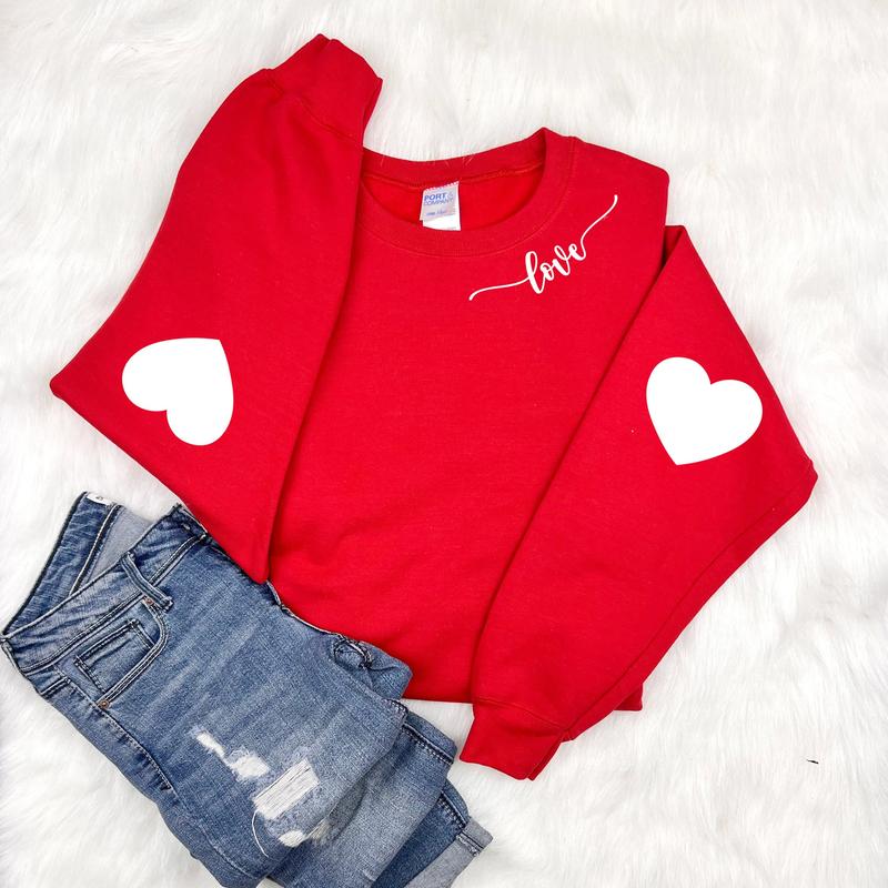 Valentine's Sweatshirt with Heart Elbow Patch, Cute Love Heart Sweater - Fabric, Cotton