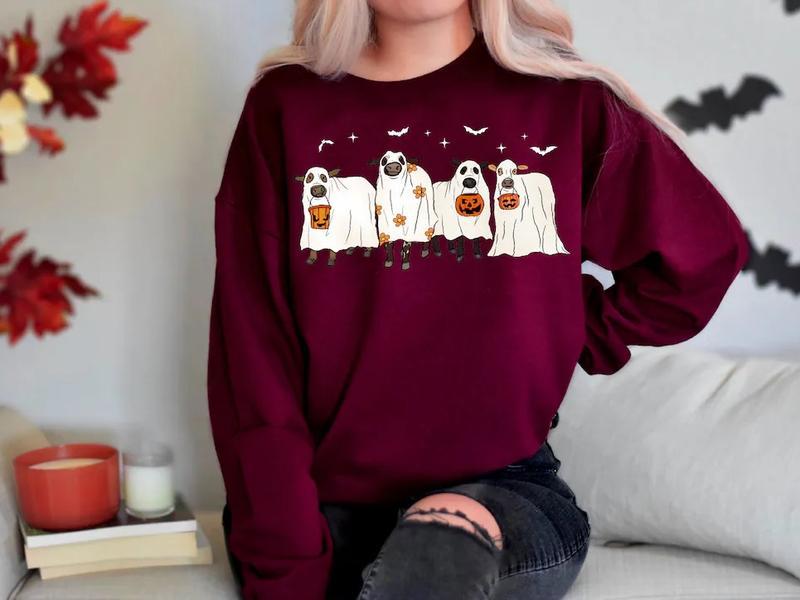 Cows Halloween Sweatshirt, Halloween Ghost Cows Sweatshirt, Spooky Cows Halloween Gifts, Cow Lovers Halloween Gift Classic Fabric popular sweatshirt