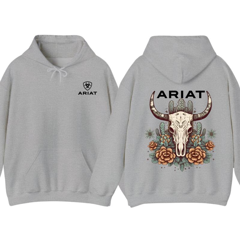 Ariat Hoodie - Tshirt, Featuring A Bull Skull Design With Unique Cactus Floral Patterns, Perfect For Outdoor Adventures, Casual, Classic Fashion Cotto