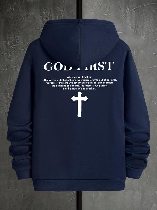Men's Letter & Cross Print Drop Shoulder Hoodie, Casual Graphic Sweatshirt, Daily Holiday Wear for Men's Spring & Fall FashionÂ 