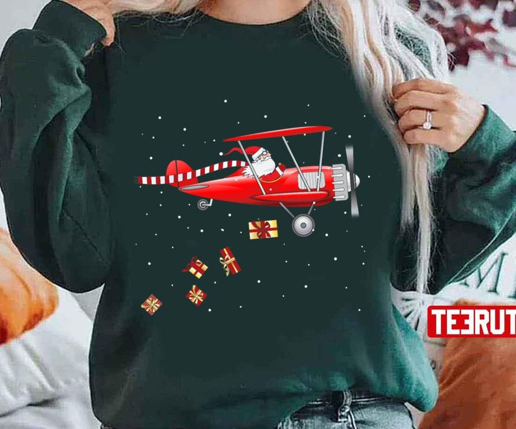 Santa Claus Pilot Flying Airplane Tee Christmas Unisex Sweatshirt