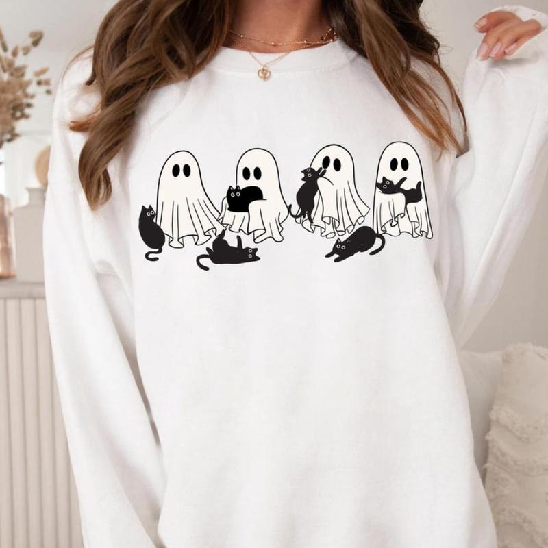 Сute Ghost Black Cat Shirt - Sweatshirt - Hoodie, Ghost Black Cat Shirt, Black Cat Halloween Shirt, Cat Lovers Shirt, Cat Halloween Shirt, Halloween C