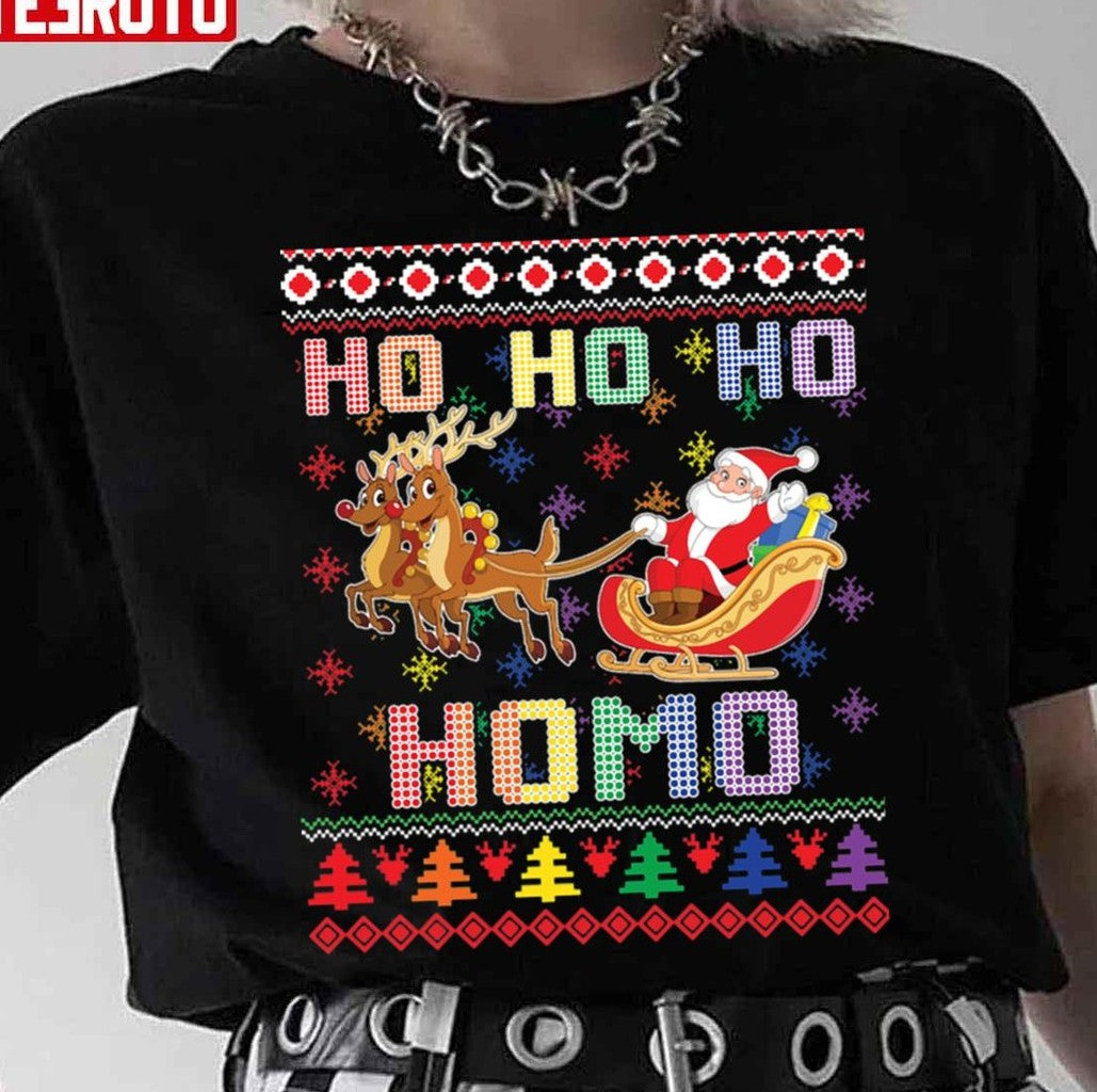 Santa And Reindeer Lgbt Ho Ho Ho Homo Unisex T-Shirt