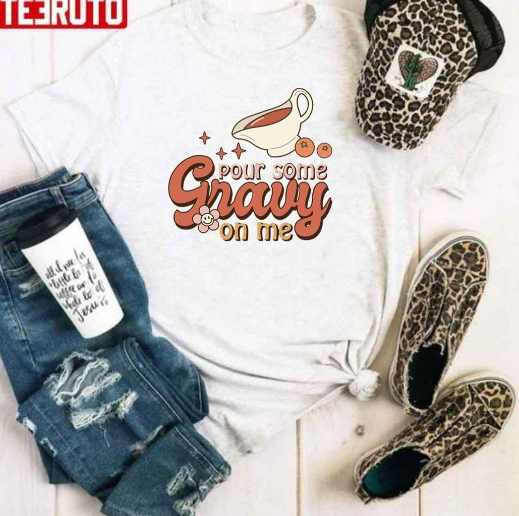 Pour Some Gravy On Me Groovy Aesthetic Font For Thanksgiving Unisex Hoodie