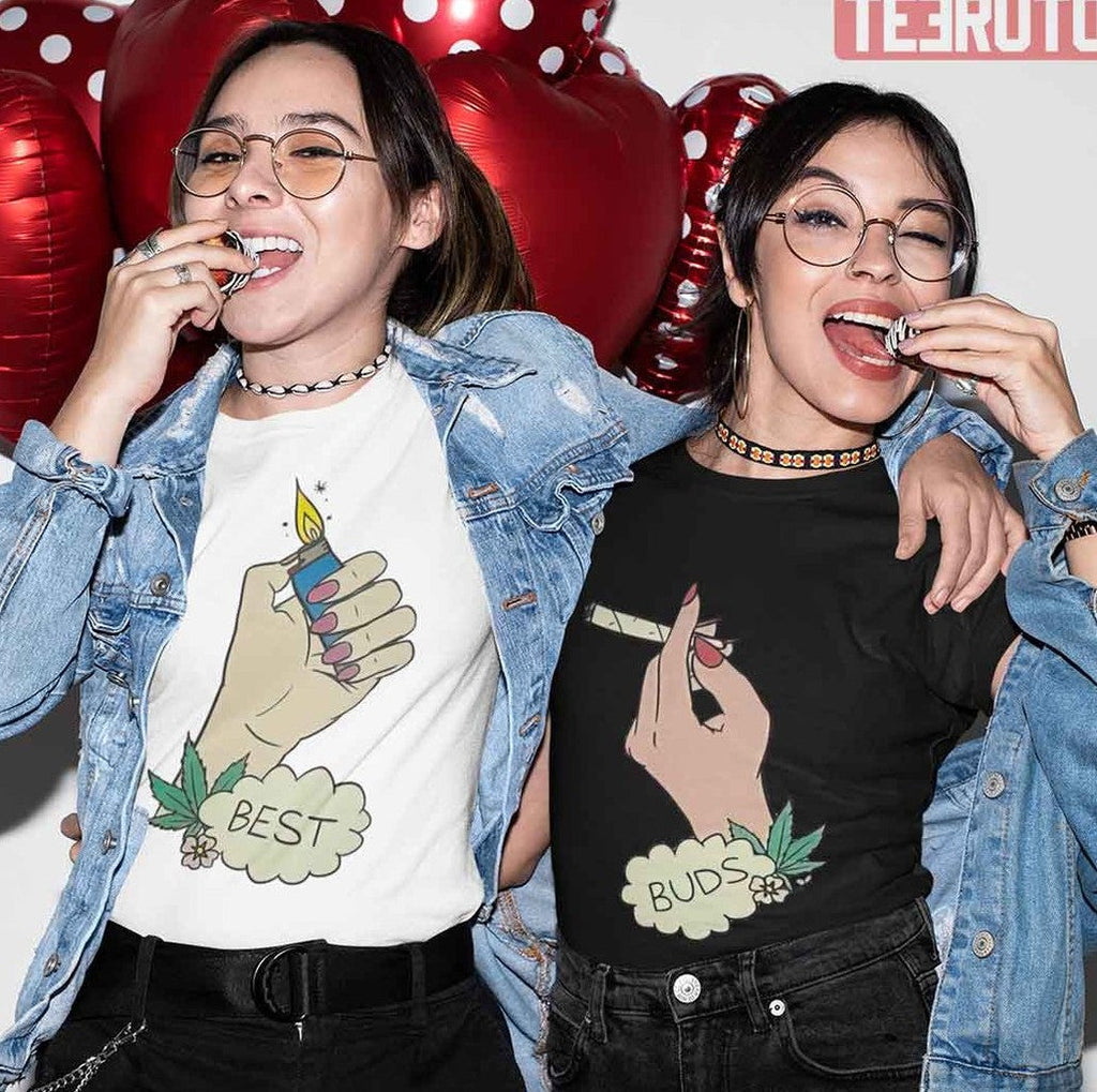 Best Buds Couple Matching Valentine Weed Lover Marijuana Joint Lighter T-Shirt