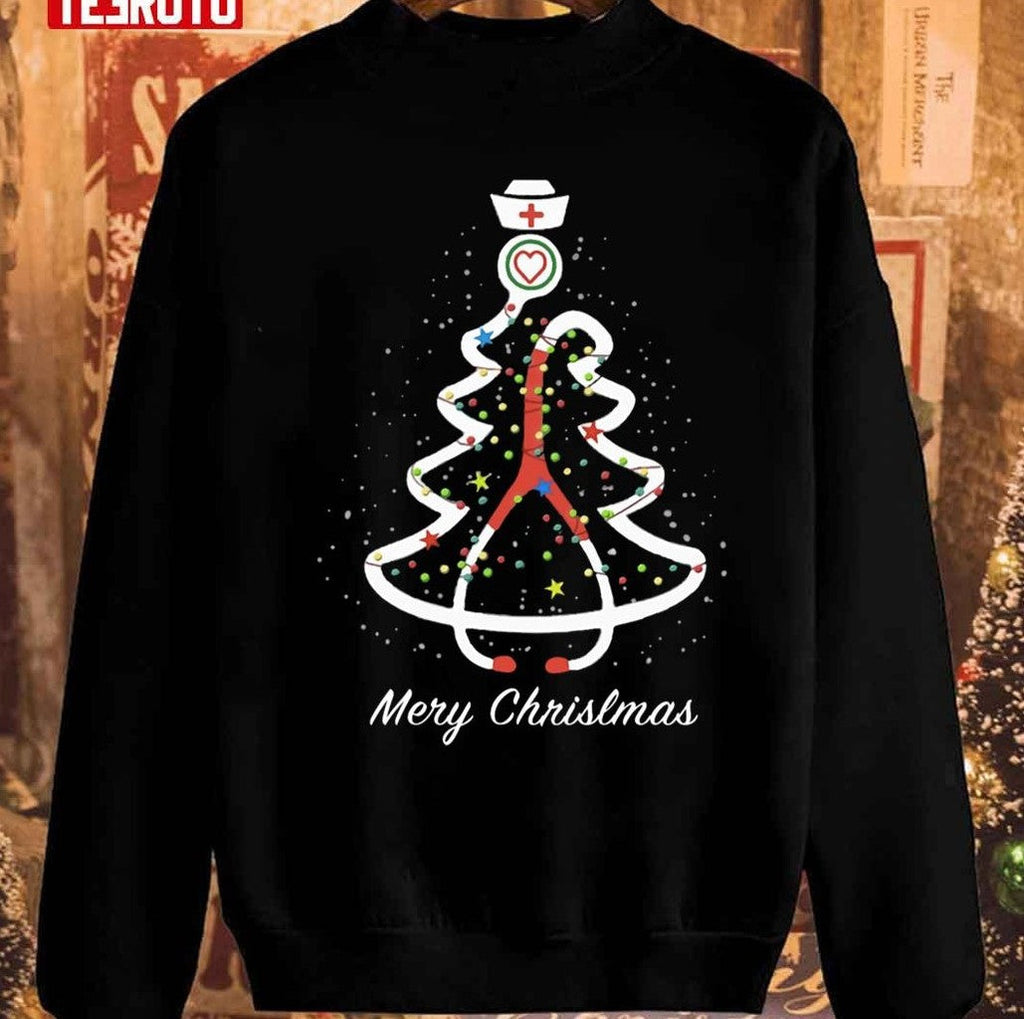 Stethoscope Pine Noel Nurse Vintage Merry Christmas Sweatshirt