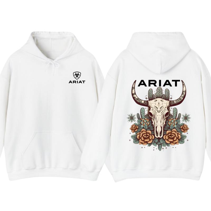 Ariat Hoodie - Tshirt, Featuring A Bull Skull Design With Unique Cactus Floral Patterns, Perfect For Outdoor Adventures, Casual, Classic Fashion Cotto