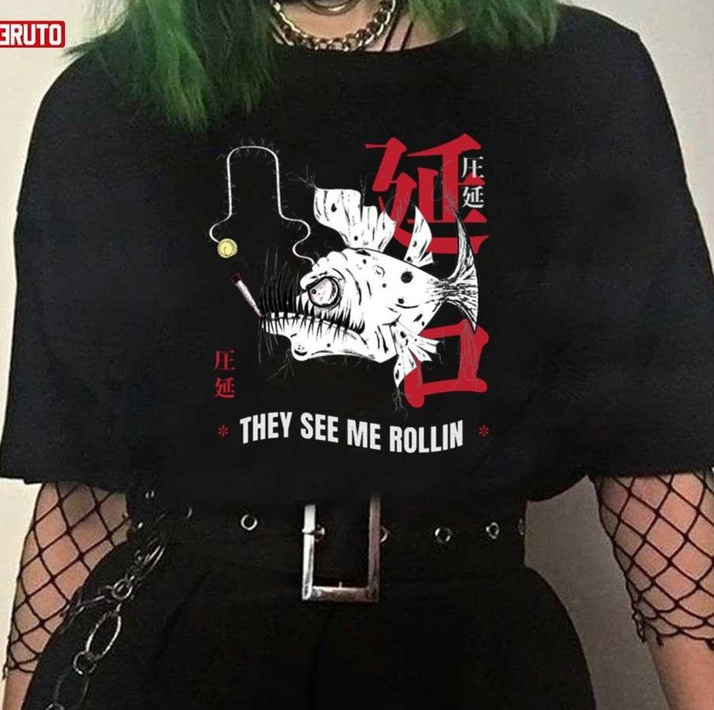 Angler Fish They See Me Rollin Japanese Monster Fishing And Marijuana Unisex T-Shirt