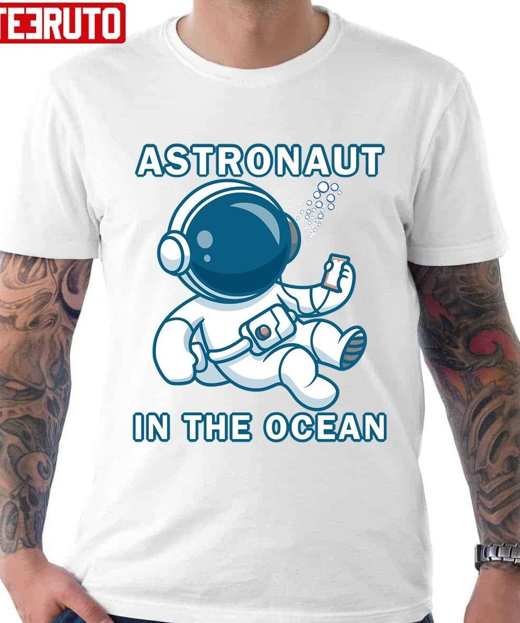 Astronaut In The Ocean Holding Phone In Deepwater Unisex T-Shirt