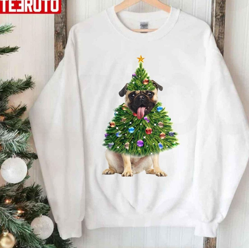 Pug Christmas Tree Lights Santa Unisex Sweatshirt