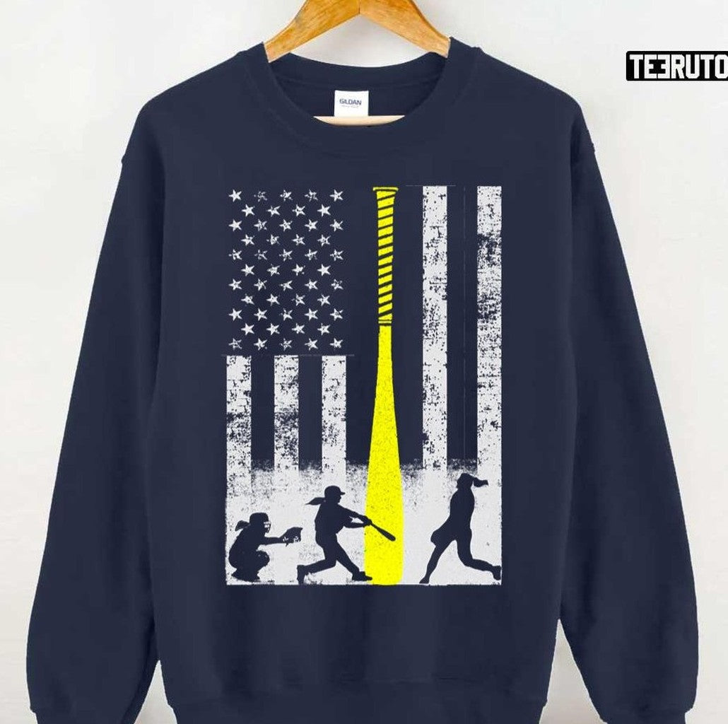 Softball Flag With Softball Players And Yellow Bat Unisex T-Shirt