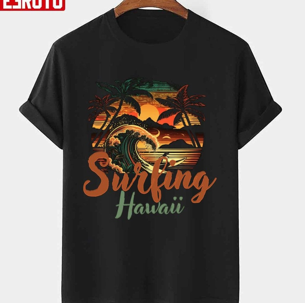 Sunset On The Beach Vintage Hawaii Surfing Label Unisex T-shirt