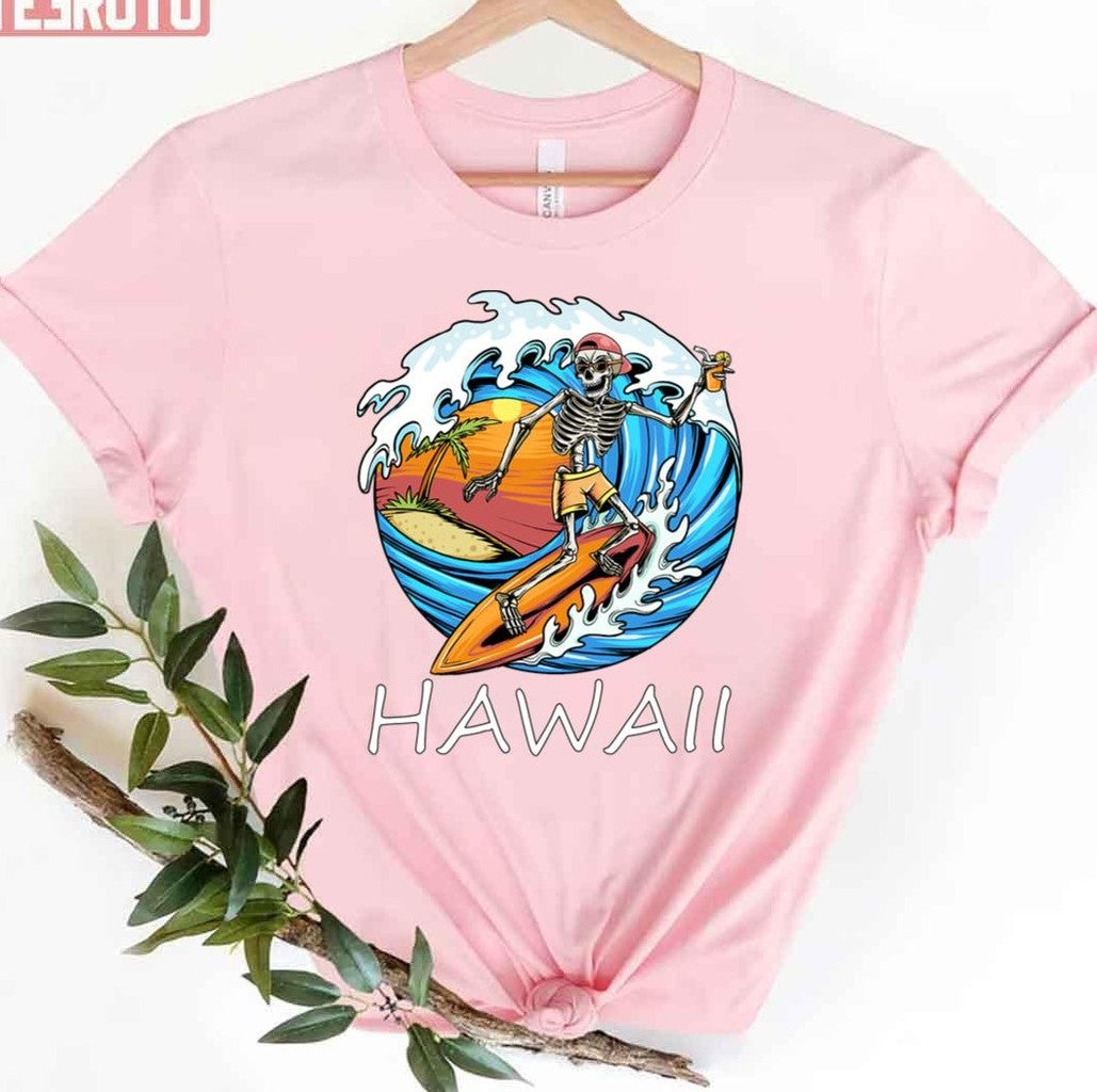 Skeleton Surfing Vintage Hawaii Surfing Label Unisex T-shirt