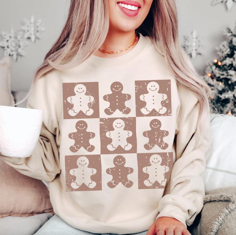 Retro Checkered Gingerbread Man ShirtSweatshirtHoodie, Vintage Crewneck, Gift For Xmas, Cotton, Womenswear Tops