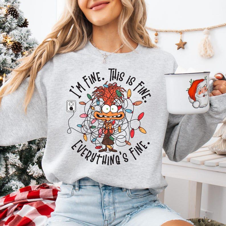 It's Fine This Is Fine Everything Is Fine Christmas Light Sweatshirt T-shirt, Anxiety Christmas Lights Sweater, Inside Out Christmas Hoodie