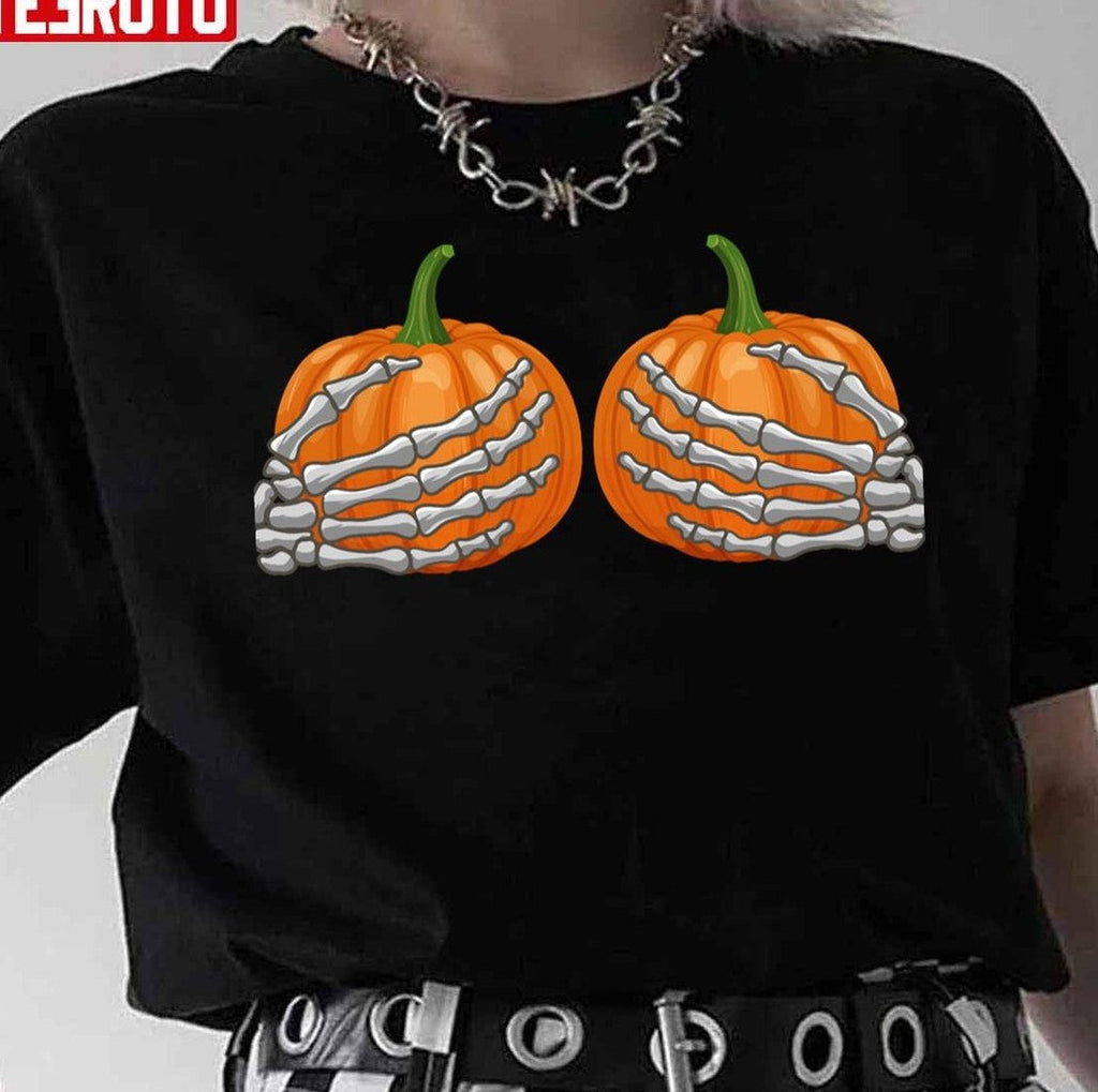 Pumpkin Skeleton Boob Hands Halloween Unisex T-Shirt