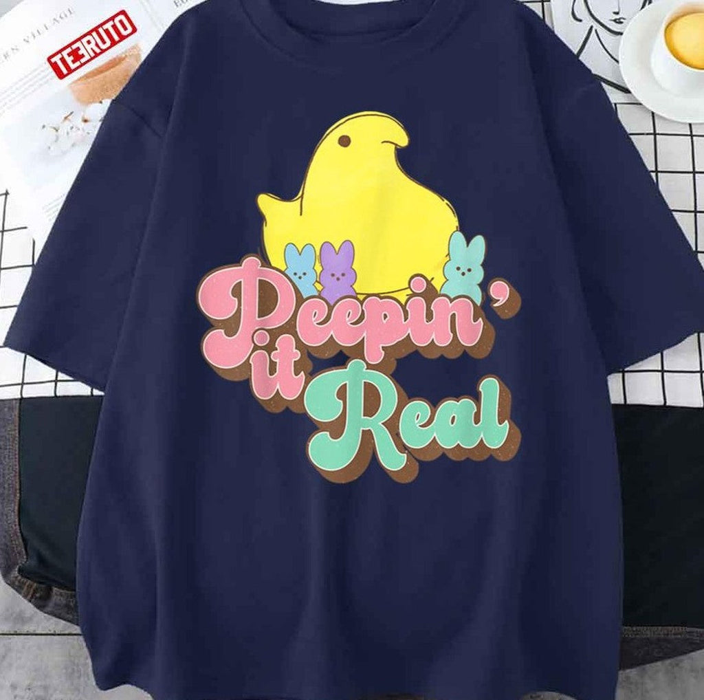 Peepin' It Real Vintage Cute Chicken Bunny Rabbit Easter Day Unisex T-Shirt