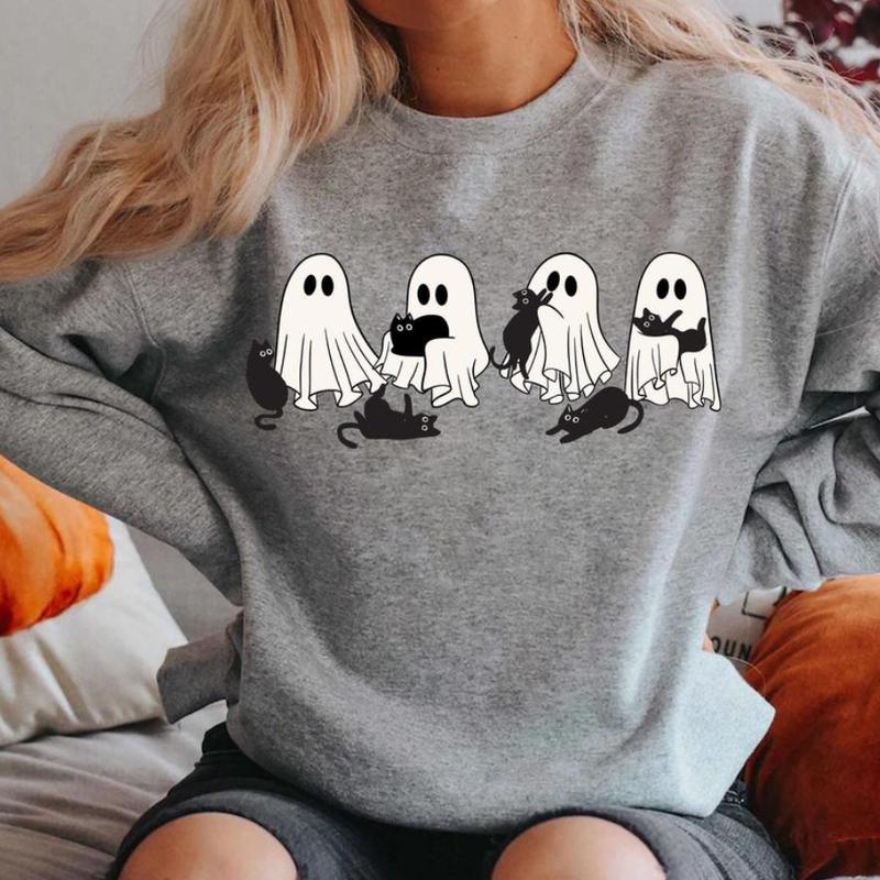 Сute Ghost Black Cat Shirt - Sweatshirt - Hoodie, Ghost Black Cat Shirt, Black Cat Halloween Shirt, Cat Lovers Shirt, Cat Halloween Shirt, Halloween C