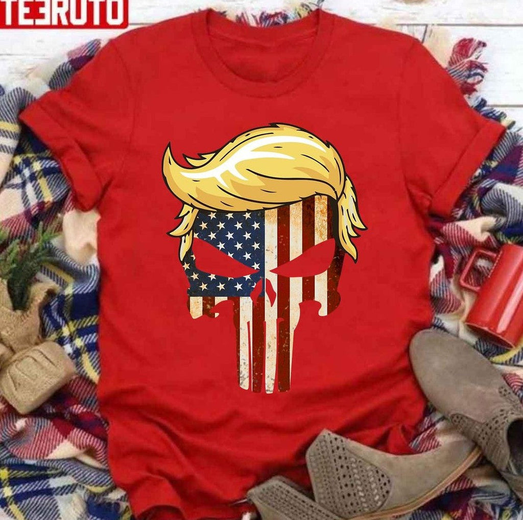 Skull With Iconic Trump Hair America Flag Unisex T-Shirt