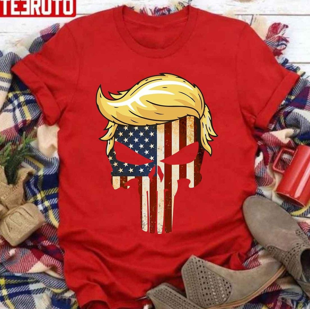 Skull With Iconic Trump Hair America Flag Unisex T-Shirt