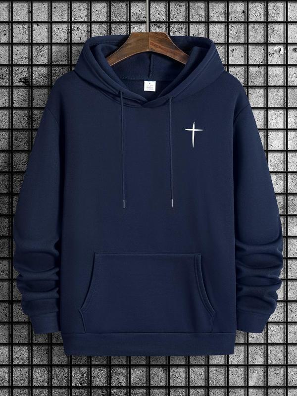 Cross Print Men's Hoodie with Drawstring Pocket, Regular Fit Long Sleeve Sweatshirt, Casual Men's Fashion for Spring & Fall Daily WearÂ 