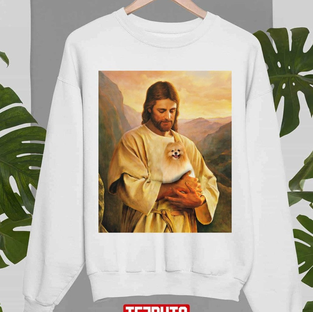 Pomeranian Dog And Jesus Lover Funny Graphic Unisex Sweatshirt