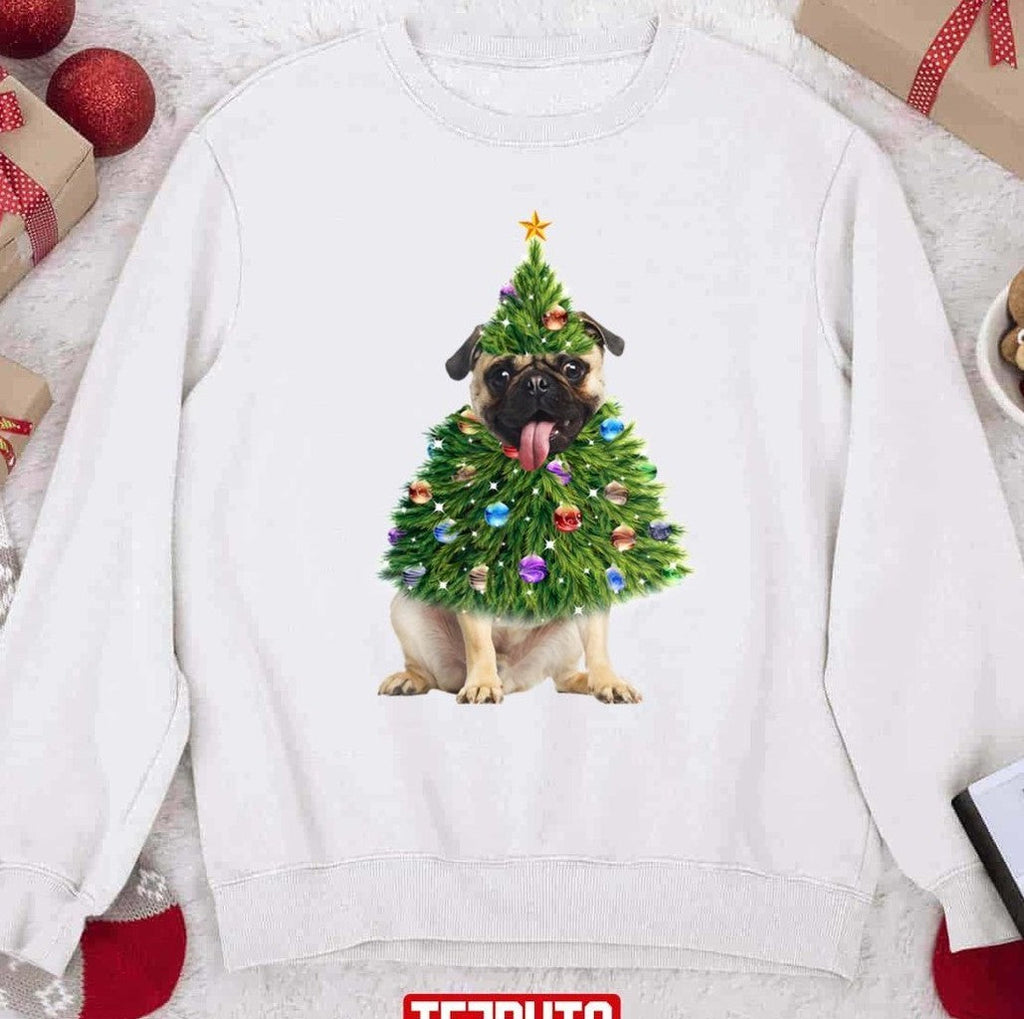 Pug Christmas Tree Lights Santa Unisex Sweatshirt